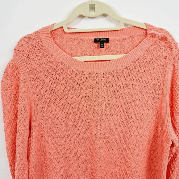 Talbots Womens Plus Size Coral Orange Pink Sweater 2X Waffle Weave Long Sleeve - Picture 2 of 11